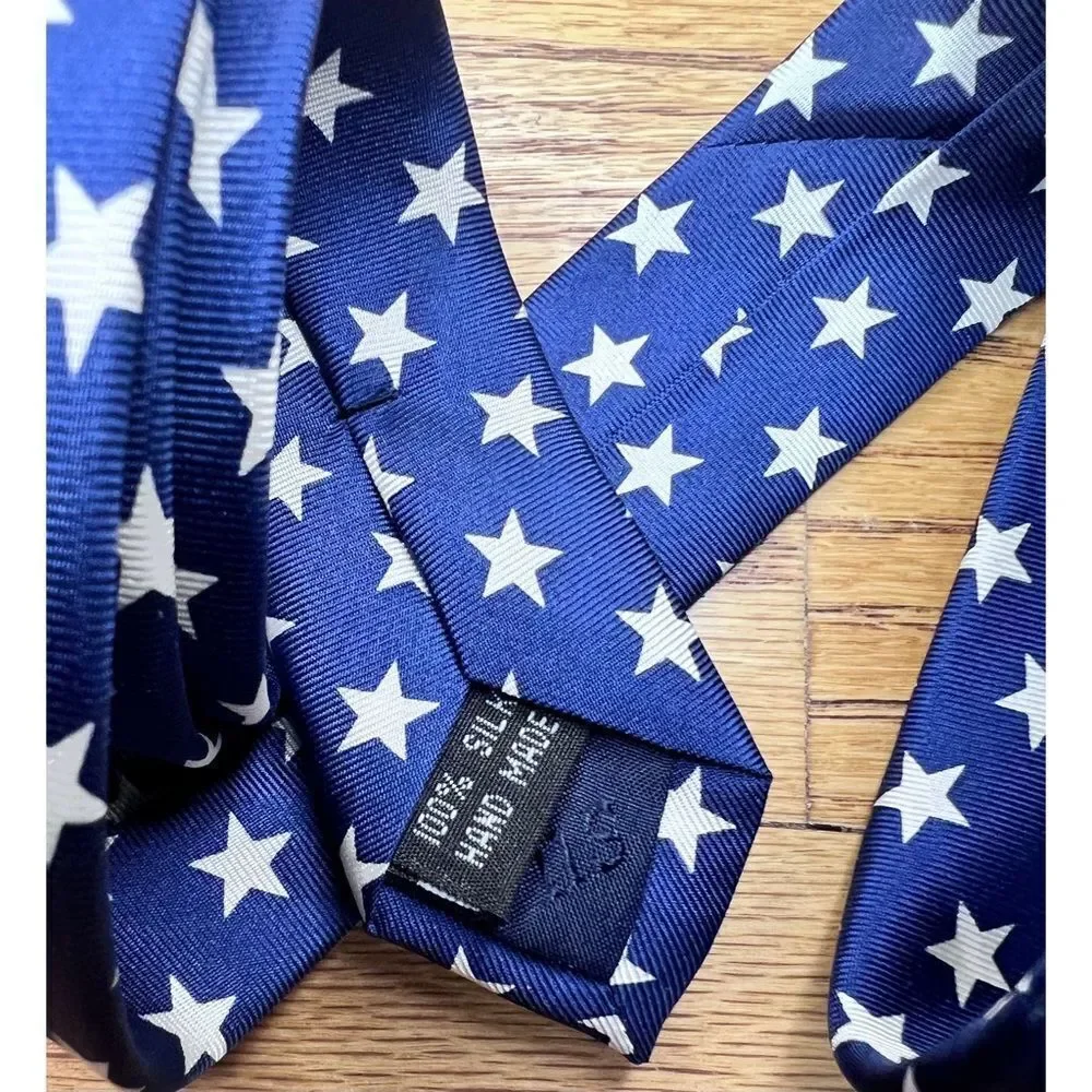 Milano Printed 100% Silk Neck Tie Navy Blue White Stars Patriotic USA America